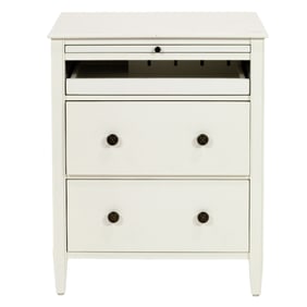 A Ballard Designs white painted bedside cabinet with pull out slides and charging tray