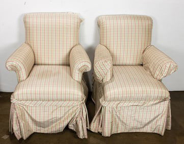 A pair of pink and green plaid taffeta upholstered chairs