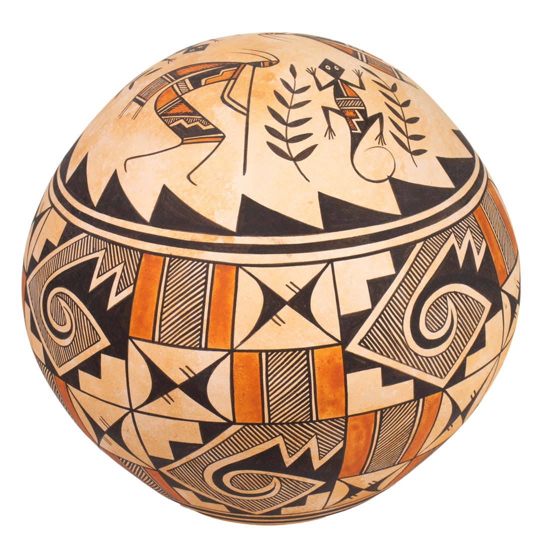 A Westly Begaye Native American pottery seed jar: Flute Dancers & Lizards: A Westly Begaye Native American pottery seed jar: Flute Dancers & Lizards, signed 'Westly B' and titled, 8"h x 8"dia