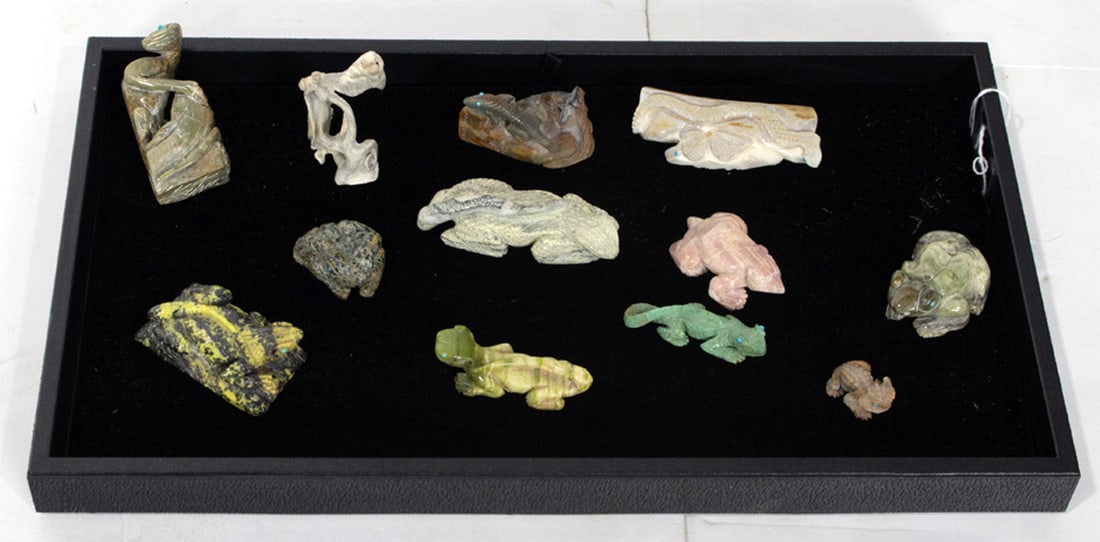 A collection of twelve carved stone, shell and bone fetishes, mainly Zuni, some signed [12 total]: A collection of twelve carved stone, shell and bone fetishes, mainly Zuni, some signed [12 total]