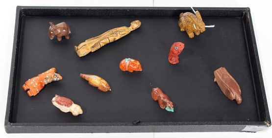 A collection of ten carved stone fetishes, mainly Zuni, some signed