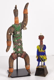 Two African beaded wood fertility dolls, with one stand