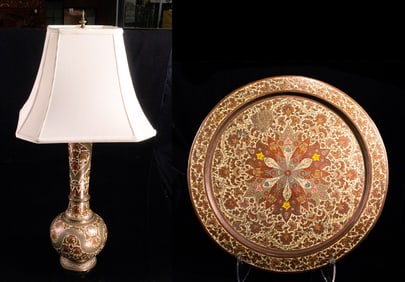 An Indian engraved and enameled brass vasiform table lamp with shade