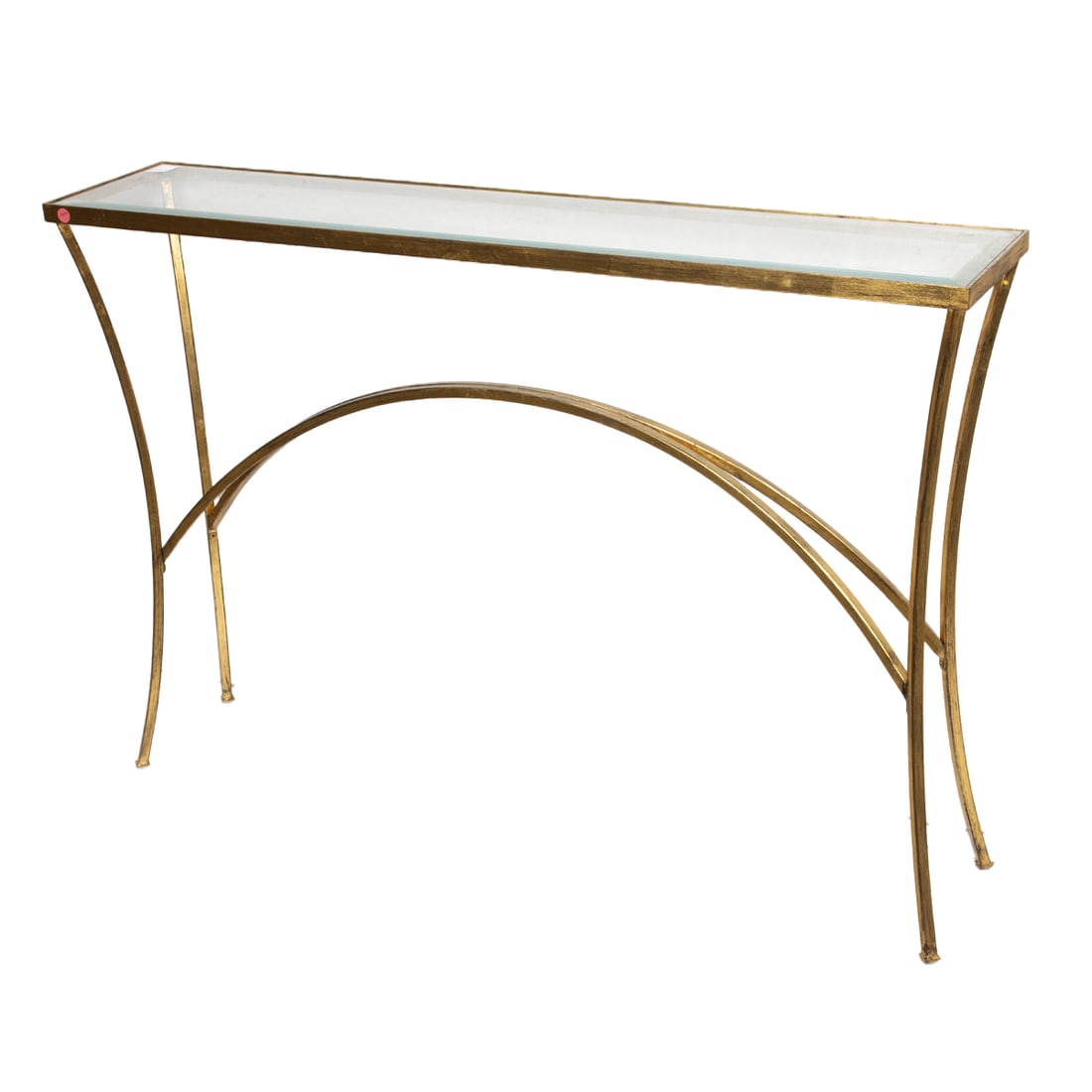 A contemporary gilt metal console table with glass top: A contemporary gilt metal console table with glass top, 33"h x 48"w x 10"d