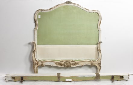 A Louis XV style painted twin bed frame and two bedside cabinets