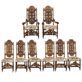 A suite of eight Renaissance Revival oak dining chairs