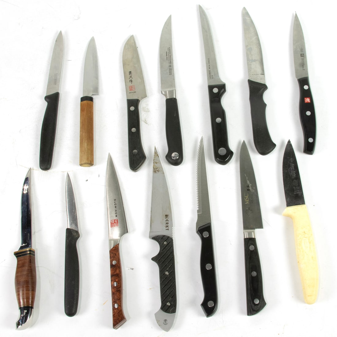 Fourteen contemporary kitchen, utility and sporting knives, including CRKT Dragon, Wusthof Grand: Fourteen contemporary kitchen, utility and sporting knives, including CRKT Dragon, Wusthof Grand Prix, Henkels Paring, Farberware Stainless, Mac Superior Japan, Victornix, Boker, Stopper 100 Japan, Mi