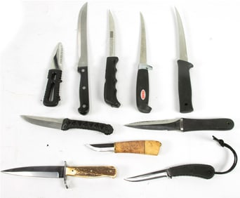 Ten sheathed contemporary kitchen, utility and sporting knives, including Gerber filet knife, Rapala
