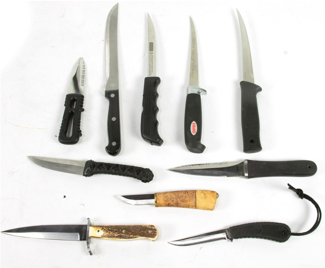 Ten sheathed contemporary kitchen, utility and sporting knives, including Gerber filet knife, Rapala (1 of 1)