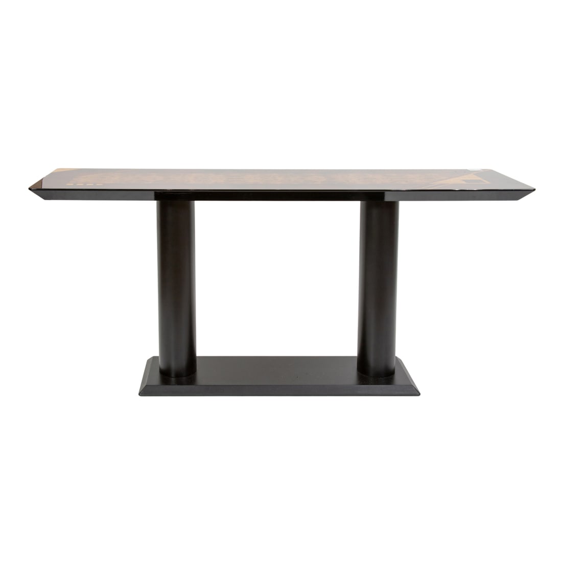 A Post-Modern inlaid burlwood console table: A Post-Modern inlaid burlwood console table, the slender rectangular top raised on black plastic base, 27.25"h x 60"l x 16"d