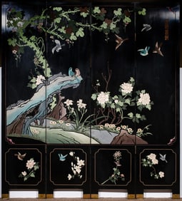 A Chinese black lacquered four-panel folding screen