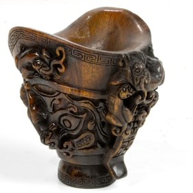 A Chinese buffalo horn libation cup