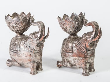 (lot of 2) Burmese silver plated copper elephant containers