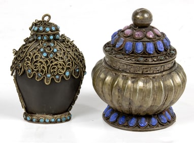 (lot of 2) Mongolian glass inlaid white metal objects