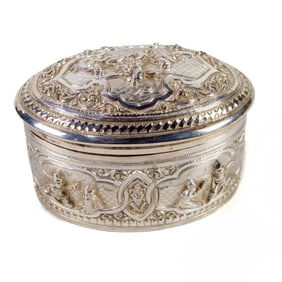A Burmese silver oval covered box