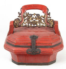 A Chinese red lacquered wooden basket