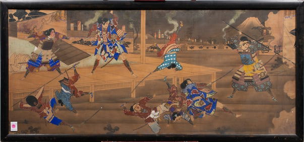 Japanese School - Untitled (Samurai) - Ink and color on paper, framed and glazed, 27"h x 58"w