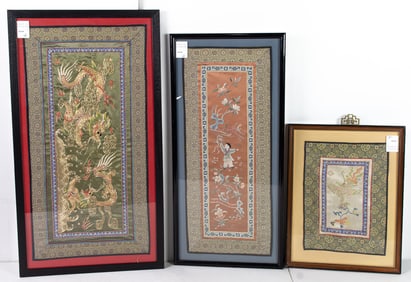 (lot of 3) Chinese framed embroidered panels