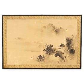 A Japanese two-panel 'landscape' folding screen