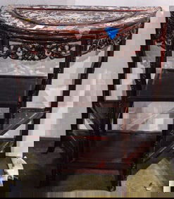 A Chinese hardwood demi-lune table with mother of pearl inlay