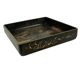 A Japanese black lacquered 'crane' tray