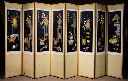 A Korean eight-panel folding screen with embroidered images