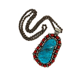 A turquoise, coral, and sterling silver necklace