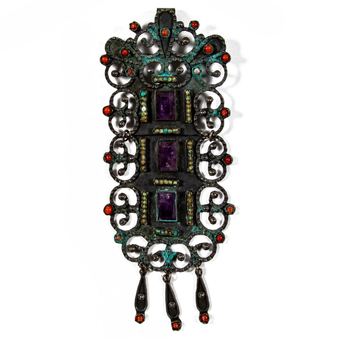 An amethyst, turquoise, coral, and sterling silver pendant brooch (1 of 1)