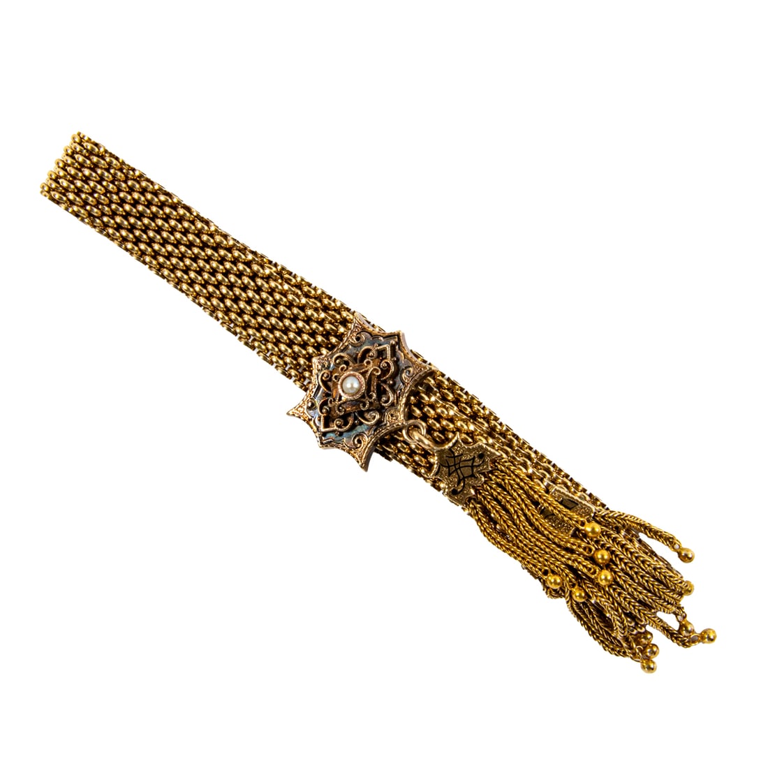 A victorian cultured pearl, enamel and gold-filled tassel bracelet (1 of 1)