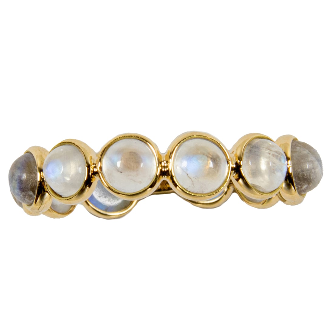 A moonstone and 18k gold ring: A moonstone and 18k gold ringdesigned with 12 round-shaped moonstone cabochons each measuring approximately 3.78 mm across; size 8; 1.90 grams