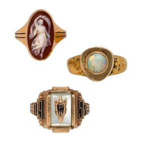 Three opal, cameo, mother of pearl and gold rings