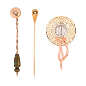 Two hat pins and brooch