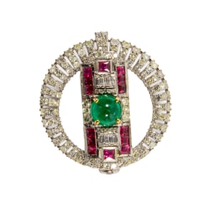 An emerald, ruby, diamond, silver, and 14k gold brooch