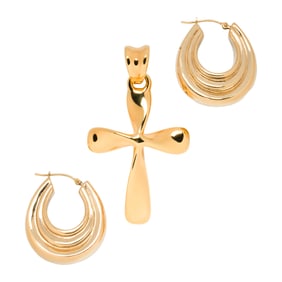 A 14k gold pair of earrings and cross pendant
