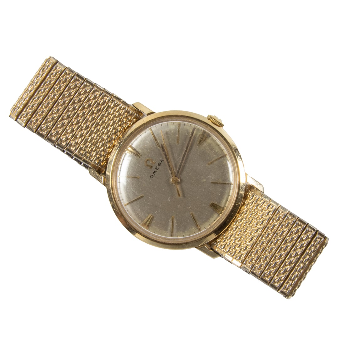 An Omega 14k gold and stainless steel watch: An Omega 14k gold and stainless steel watch The champagne-toned face, gold stick indices, gold stick hands, within polished 14k gold case, on stainless steel strap; case width: 26.43 mm; strap length: