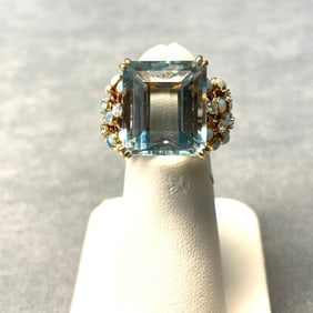 Aquamarine, Diamond, Opal and 14K Yellow Gold Ring