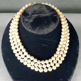 Fine Triple Strand Culture Pearl Necklace with Diamond Clasp