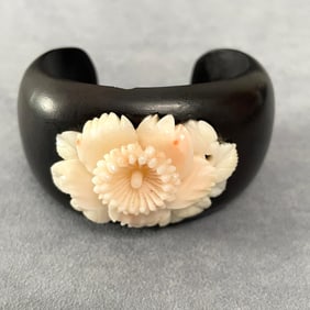 Carved Coral on Wooden Cuff Bangle