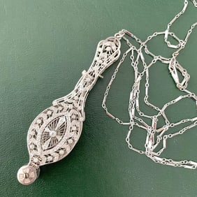 Art Deco Diamond and Platinum Lorgnette Pendant With Chain