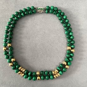 Two Strand Malachite and 14K Yellow Gold Bead Necklace with Diamond Emerald Clasp