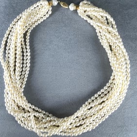 Multi Strands Pearl and 14K Yellow Gold Necklace