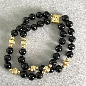 Double Strands Onyx and 14K Yellow Gold Bracelet