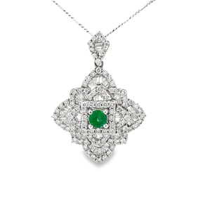 Emerald, Diamond and 18k White Gold Pendant Necklace