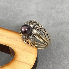 Natural Pearl, Diamond and 18K Yellow Gold Ring