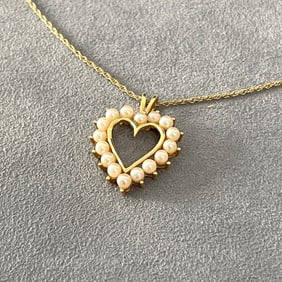 Salt water Cultured Pearl and 14K Yellow Gold Heart Shape Pendant Necklace