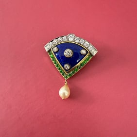 Art Deco Enamel, Natural Pearl, Diamond and Tsavorite Pin