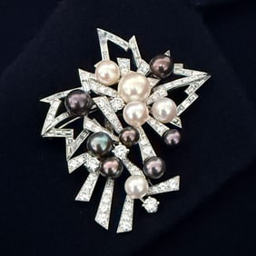 Marianne Ostier 1950's Pearl, Diamond and Platinum Brooch