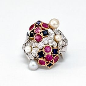 Pearl, Ruby, Sapphire, Diamond and 18K Yellow Gold Ring
