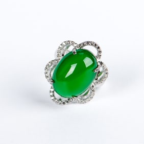 Jadeite, Diamond and Sterling Silver Ring