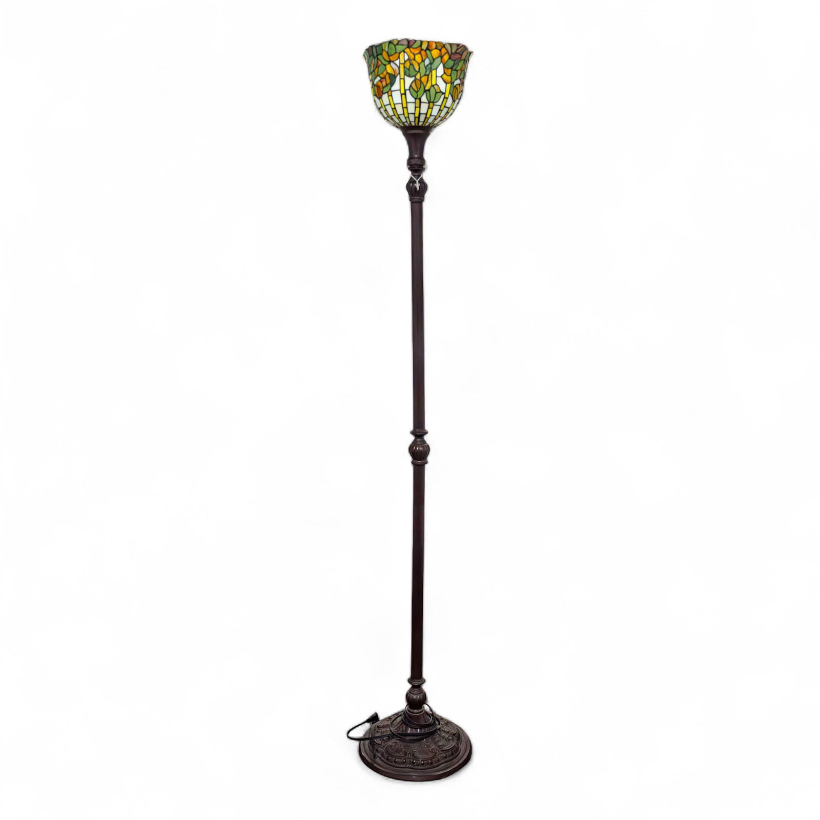 Tiffany-Style Stained Glass Floor Lamp: Tiffany-style stained glass floor lamp. 73.23"h x 12.2"w (186 x 31 cm) Condition: with damage on one side of the shade. NOTE: THIS ITEM IS IN LOS ANGELES.
